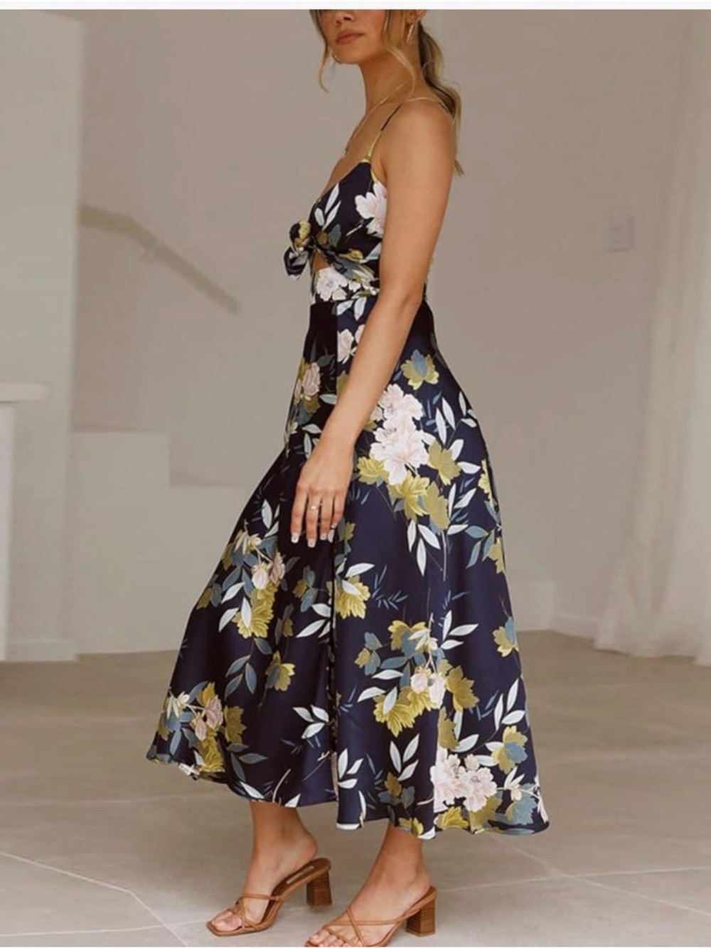 Amazon Navy Floral Tie-Front Midi Dress